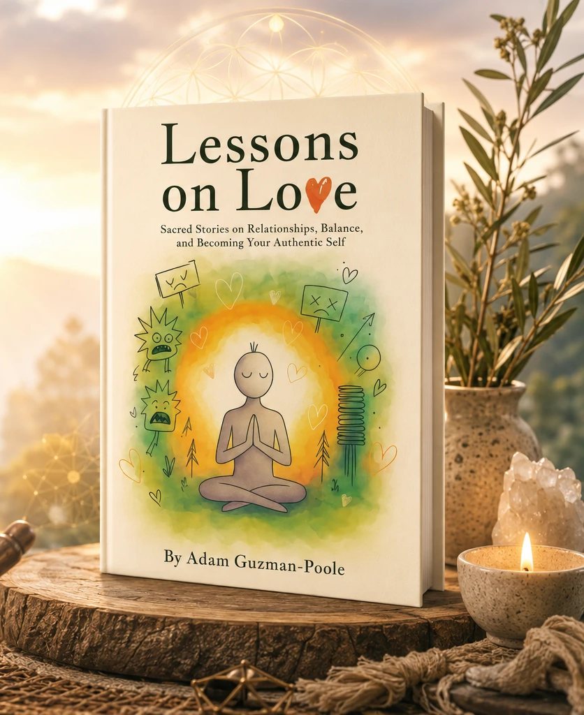 Lessons on Love standing on a wooden altar with candlelight, crystals, and a sunset behind
