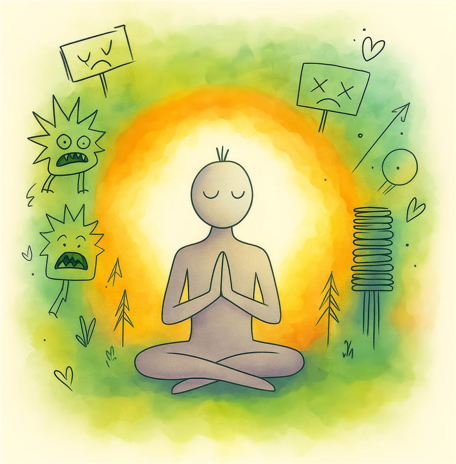 The Lessons on Love cover illustration — a meditating figure in a glowing watercolor circle