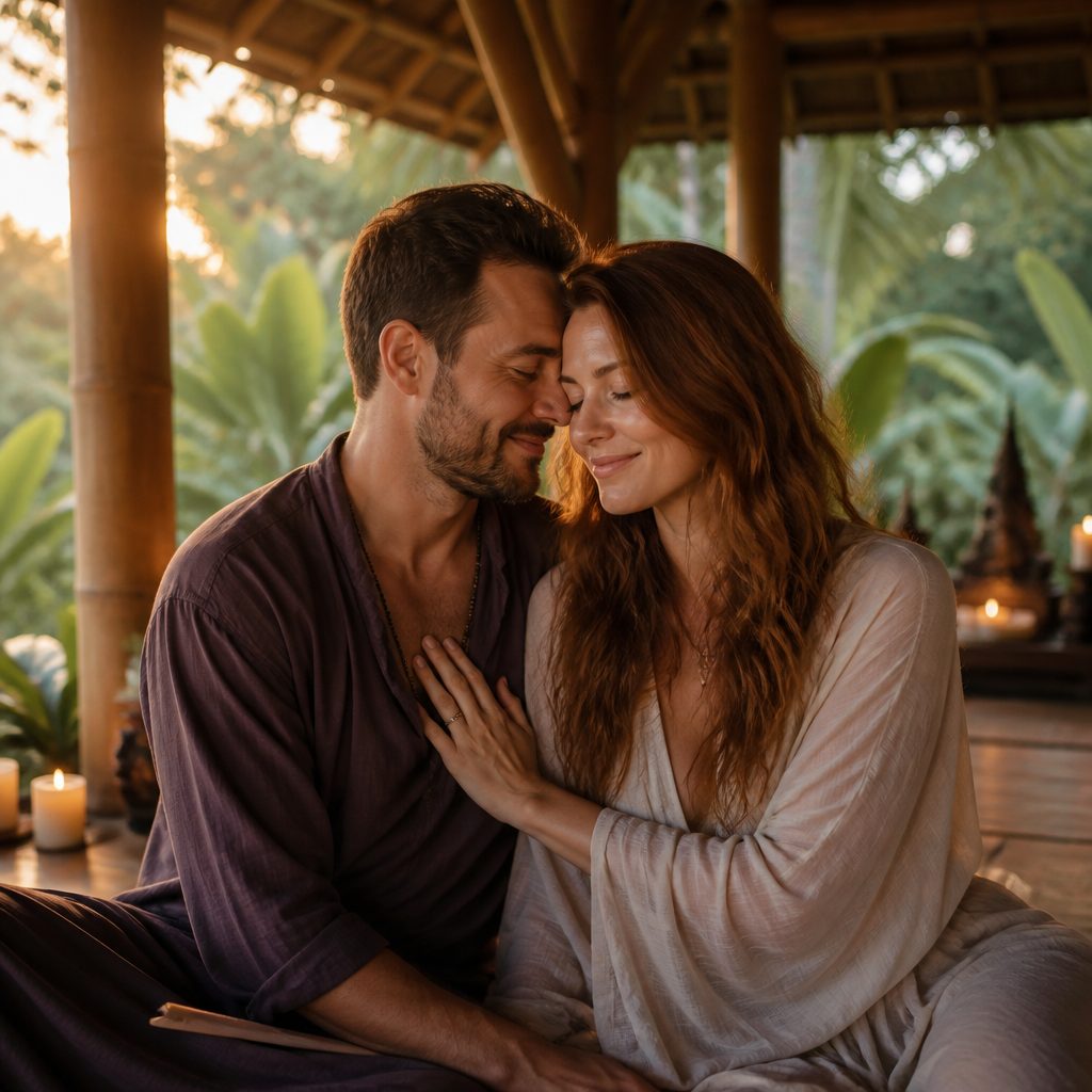 A couple sitting close together in a candlelit sanctuary, private couples therapy