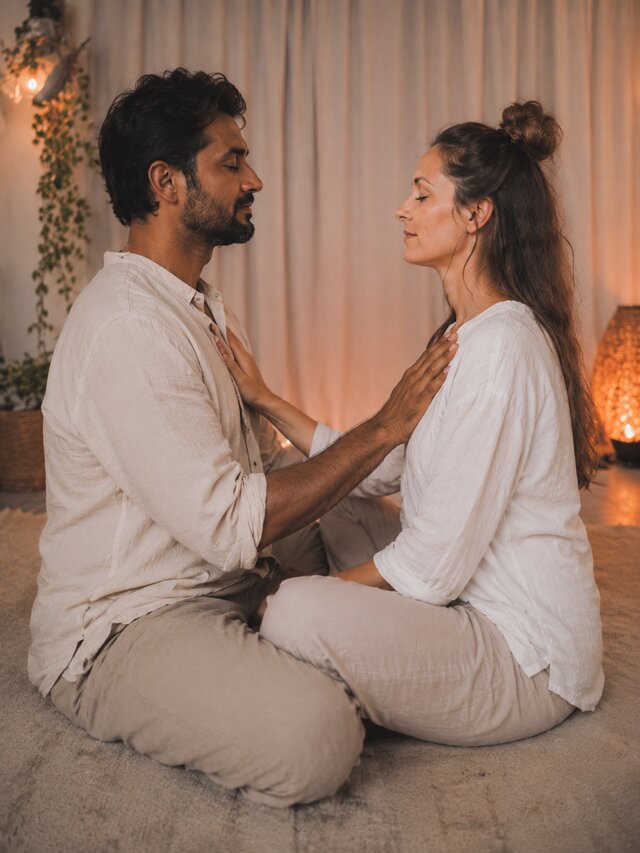 A couple sitting cross-legged face to face in warm candlelight, each with a hand on the other's heart