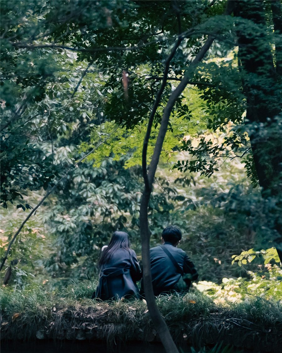 Two people sitting together in a lush green forest
