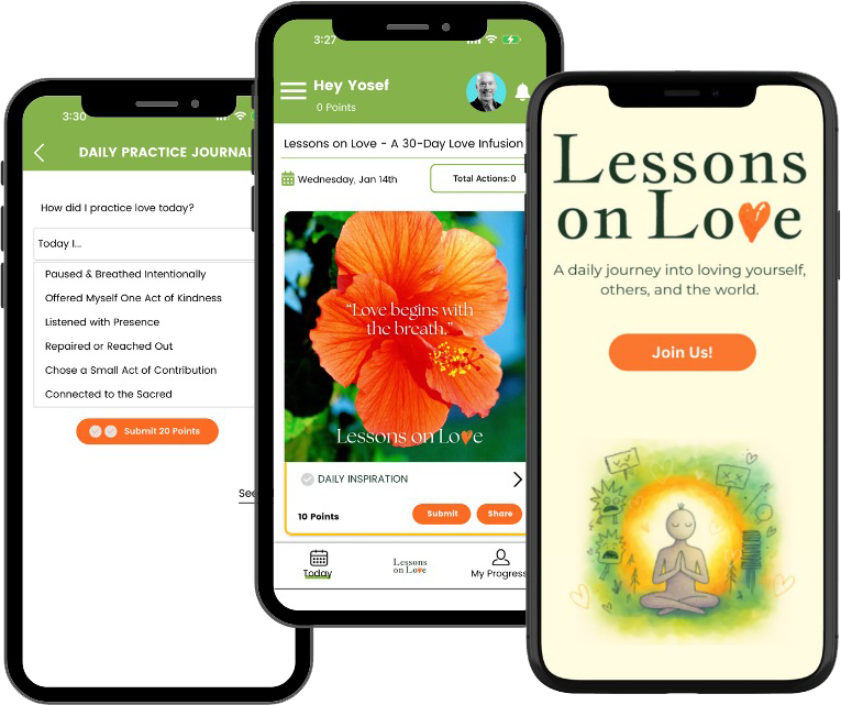 The Lessons on Love daily practice app shown on three phones: daily inspiration, practice journal, and community