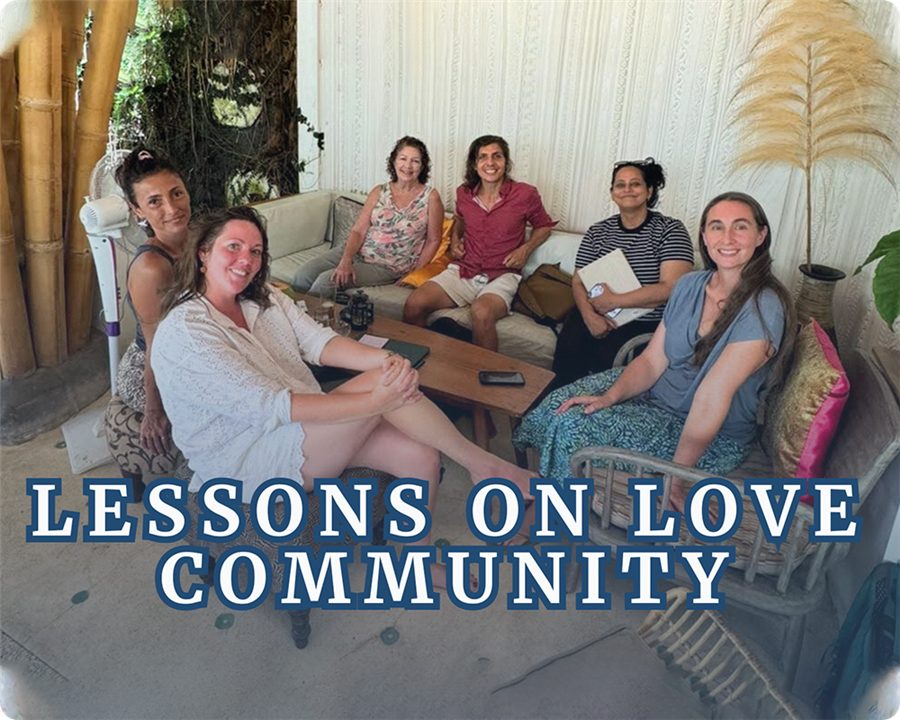 The Lessons on Love community gathered together on couches, smiling