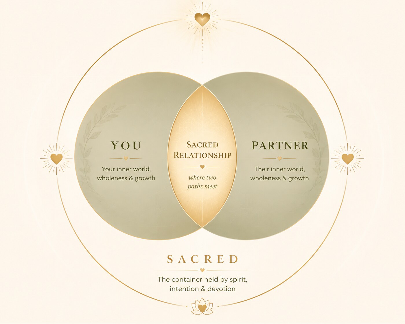 Diagram: You and Partner, each a whole inner world, overlap to form the glowing Sacred Relationship where two paths meet, all held within the Sacred, the container held by spirit, intention and devotion