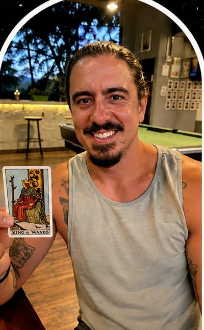 A client smiling, holding the King of Wands card