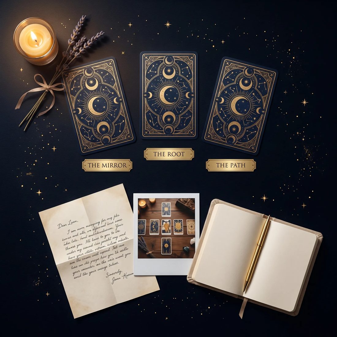 Three celestial tarot cards labelled The Mirror, The Root and The Path, beside a handwritten reading, a photo of a spread, and a journal in candlelight