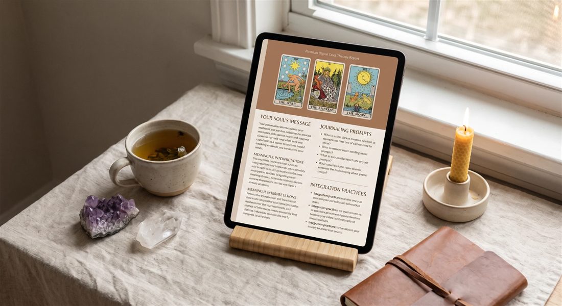 A digital tarot therapy report shown on a tablet by a sunny window, beside tea, crystals and a candle